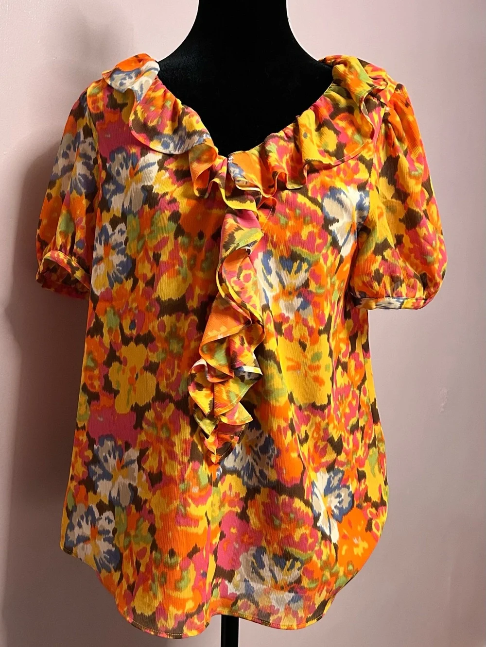 J. Crew Bright Yellow Orange & Pink Floral Ruffle Blouse